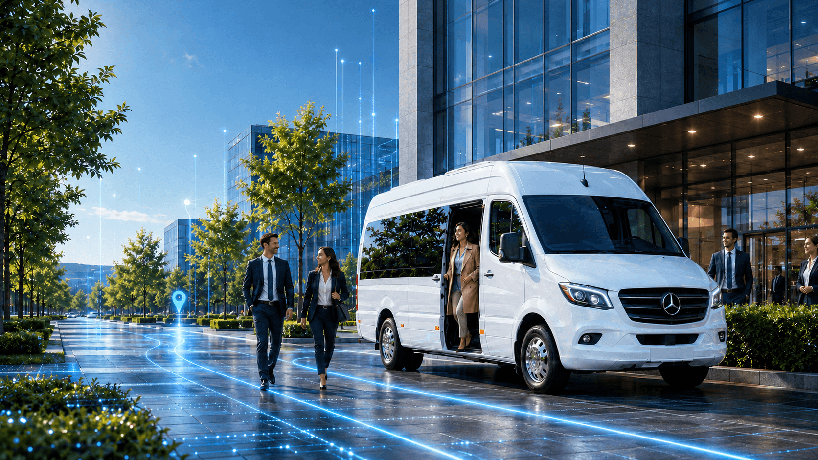 Kurumsal çalışanların servis aracına bindiği modern iş merkezi