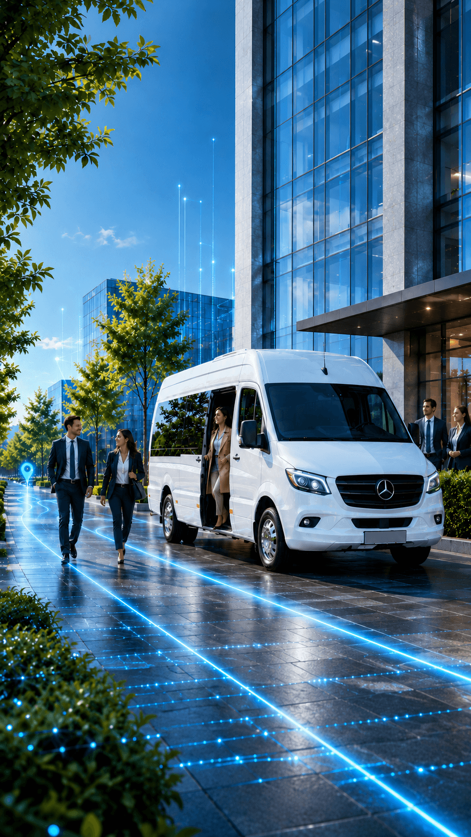 Kurumsal çalışanların servis aracına bindiği modern iş merkezi